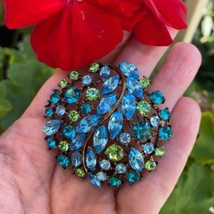 VTG CZECH Glass Blue/Green Rhinestone BROOCH